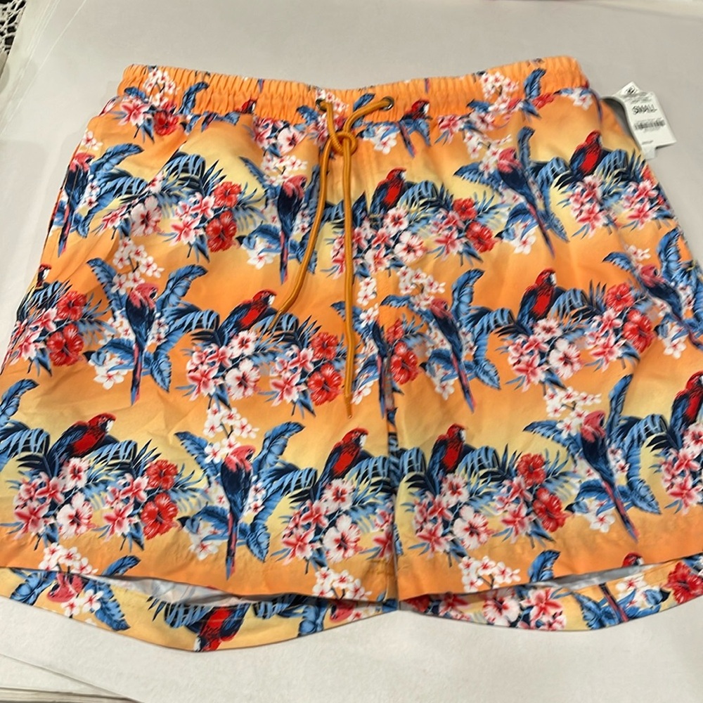 Club Room Men’s Swim Shorts Size S Tropical Print Tangelo Drawstring NWT POOL